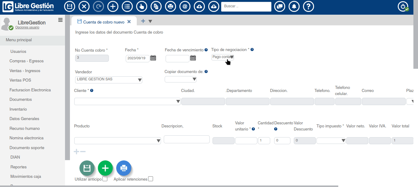 En este gif se muestra como diligenciar la información de la cuenta de cobro.
