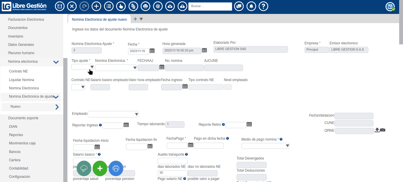 En este gif se muestra como diligenciar la información de un documento de  ajuste de nómina electrónica en el software.