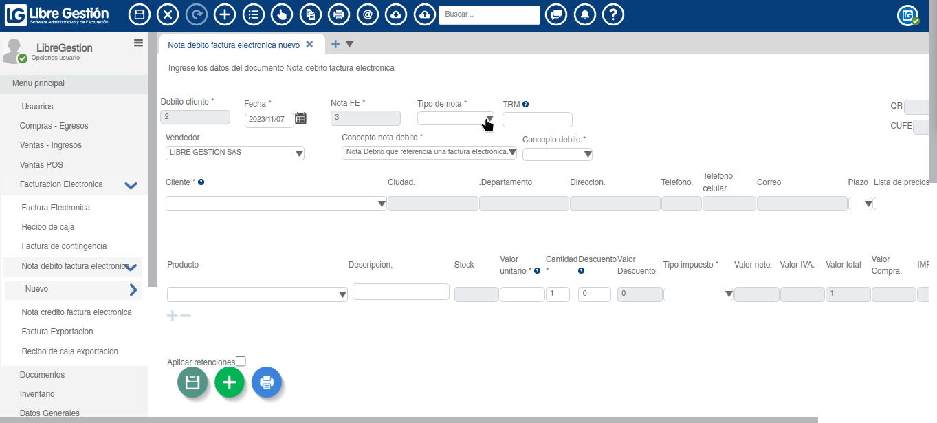 En este gif se muestra como diligenciar la información de la nota débito a una factura electrónica.